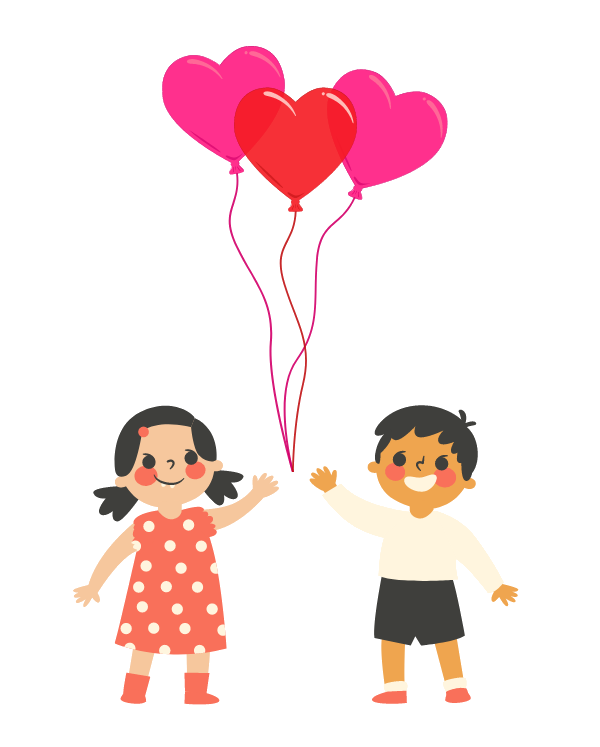 Two children letting heart shaped balloons float into the air.
